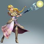  armor blonde_hair braid dominian_rod dominion_rod dress full_body gradient gradient_background greaves long_hair official_art pauldrons pointy_ears princess princess_zelda solo staff the_legend_of_zelda the_legend_of_zelda:_twilight_princess vambraces zelda_musou 
