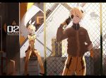  1boy 1girl between_legs blonde_hair bow cellphone eyepatch fence hair_bow hand_between_legs hand_in_pocket indoors jacket kagamine_len kagamine_rin letterboxed looking_away mecha neon_genesis_evangelion nine_(liuyuhao1992) phone plugsuit short_hair siblings sitting smartphone smile twins vocaloid yellow_eyes zipper 