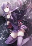  angel31424 dress hair_ornament hand_on_own_chest hood hooded_jacket jacket looking_at_viewer low_twintails purple_dress purple_eyes purple_hair purple_legwear shoes short_dress solo twintails vocaloid voiceroid yuzuki_yukari 