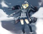  black_legwear black_ribbon black_skirt blonde_hair blue_eyes cloud gloves gradient gradient_background hair_ornament hair_ribbon hat izuoku kantai_collection long_hair long_sleeves machinery military military_uniform miniskirt over-kneehighs peaked_cap pleated_skirt prinz_eugen_(kantai_collection) ribbon skirt sky solo thighhighs turret twintails uniform wading water white_gloves 