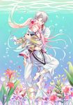  1girl anklet barefoot bekkourico closed_eyes flower hug jewelry kakumeiki_valvrave l-elf lieselotte_w_dorssia long_hair parted_lips pink_hair silver_hair twintails underwater 