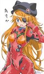  2014 adjusting_hair animal_ears animal_hat arm_at_side armpits artist_name badge bangs black_hat blue_eyes blush bodysuit bracer breasts button_badge cabbie_hat character_name cowboy_shot dated evangelion:_3.0_you_can_(not)_redo eyebrows_visible_through_hair eyepatch fake_animal_ears fang from_side hair_between_eyes hand_up hat hat_ornament hips iwasaki_masakazu jpeg_artifacts legs_apart long_hair looking_at_viewer neon_genesis_evangelion number one_eye_covered open_mouth orange_hair pilot_suit plugsuit rebuild_of_evangelion red_bodysuit shikinami_asuka_langley sideways_glance simple_background sketch skull small_breasts solo souryuu_asuka_langley standing star tape translated turtleneck very_long_hair white_background 