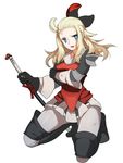  1girl ahoge armor armored_dress artist_request blonde_hair blue_eyes boots bow bravely_default:_flying_fairy breast_hold breasts covering covering_breasts dirty edea_lee full_body hair_bow hair_ribbon huge_ahoge kabosu katana knee_boots kneeling long_hair looking_at_viewer open_mouth pantyhose parted_lips ribbon sheath sheathed solo sweat sword weapon 
