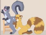  2019 anal anthro belly big_tail blush brown_fur chair duo eye_roll eyewear fluffy fluffy_tail fur glasses graedius_(artist) graedius_(character) green_eyes grey_fur half-closed_eyes kneeling long_tail looking_pleasured male male/male mammal open_mouth oral procyonid raccoon reese_(squirrel) rimming rodent sciurid sex side_view simple_background sweat tongue tongue_out wooden_chair 