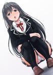  :o black_eyes black_hair black_legwear crossed_arms dutch_angle highres inanaki_shiki long_hair looking_at_viewer panties pantyshot pantyshot_(squatting) school_uniform simple_background solo squatting thighhighs underwear very_long_hair white_background white_panties yahari_ore_no_seishun_lovecome_wa_machigatteiru. yukinoshita_yukino 