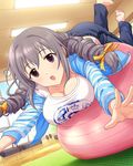  artist_request ball barefoot breasts cleavage drill_hair exercise_ball grey_hair idolmaster idolmaster_cinderella_girls jacket large_breasts official_art open_clothes open_jacket open_mouth pants purple_eyes sakakibara_satomi solo striped track_pants twintails 