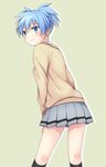  ansatsu_kyoushitsu blue_eyes blue_hair blush crossdressing highres looking_back male_focus otoko_no_ko shiota_nagisa short_hair simple_background skirt solo soranagi 