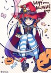  2014 :d adjusting_clothes adjusting_hat bad_id bad_twitter_id blue_hair bon_bon bow bowtie candy cape fingerless_gloves food full_body ghost gloves hair_between_eyes halloween happy_halloween hat hat_bow heart jack-o'-lantern kamekoya_sato looking_at_viewer love_live! love_live!_school_idol_project open_mouth pumpkin shorts smile smiley_face solo sonoda_umi star striped striped_gloves striped_legwear sweets thighhighs twitter_username witch_hat yellow_eyes 