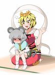  animal_ears animal_print black_hair blonde_hair blush capelet commentary_request dress fang flying_sweatdrops gem grey_dress grey_hair hair_ornament jewelry long_sleeves mouse_ears mouse_tail multicolored_hair multiple_girls nazrin necklace open_mouth pendant red_dress red_eyes rinmei shawl sitting sitting_on_lap sitting_on_person smile tail tiger_print toramaru_shou touhou two-tone_hair yellow_eyes 