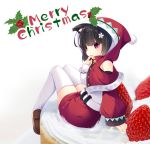  1girl alternate_costume animal_ears azur_lane bangs black_hair blunt_bangs cat_ears christmas food fruit hood merry_christmas red_eyes sakura_rio santa_costume solo strawberry white_legwear yamashiro_(azur_lane) 