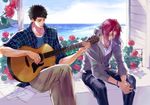  acoustic_guitar black_hair flower free! guitar highres hood hoodie instrument matsuoka_rin multiple_boys red_hair sakurai_shushushu short_hair yamazaki_sousuke 