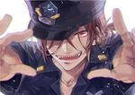  ailm free! future_fish hat long_hair male_focus matsuoka_rin open_mouth police police_hat police_uniform ponytail red_eyes red_hair sharp_teeth solo teeth uniform 