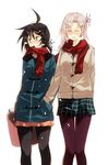 ^_^ ahoge bag black_hair black_legwear blush brown_legwear casual closed_eyes coat green_eyes green_skirt hand_in_another's_pocket highres kako_(kantai_collection) kantai_collection kinugasa_(kantai_collection) long_hair multiple_girls one_side_up pantyhose plaid plaid_skirt pleated_skirt purple_hair red_scarf remodel_(kantai_collection) sahuyaiya scarf shared_scarf short_hair short_ponytail simple_background skirt smile spring_onion white_background 
