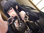  1girl belt black_hair blush breasts censored cum cum_in_mouth cum_on_body cum_on_breasts cum_on_upper_body dress elbow_gloves fellatio game_cg gloves hairjob highres kawagishi_keitarou large_breasts long_hair looking_up maji_de_watashi_ni_koi_shinasai! oral penis pink_eyes rinchuu_(majikoi) sitting standing sweat 