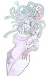  antiheld armband bad_id bad_tumblr_id breast_slip breasts facial_tattoo gloves goddess green_hair highres kid_icarus kid_icarus_uprising large_breasts long_hair medusa_(kid_icarus) multicolored_hair nipples no_panties off_shoulder one_breast_out red_hair smile snake_hair solo tattoo toga 
