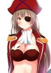  amagi_brilliant_park ascot attsun_(atsushi_jb) bad_id bad_pixiv_id blush breasts brown_eyes brown_hair cleavage epaulettes eyepatch hat large_breasts long_hair looking_at_viewer pirate_costume pirate_hat sento_isuzu solo white_background 