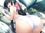  against_rock ass bikini black_hair blush game_cg hair_ribbon kawagishi_keitarou long_hair looking_back maji_de_watashi_ni_koi_shinasai! non-web_source open_mouth outdoors ribbon rinchuu_(majikoi) solo swimsuit very_long_hair water wet white_bikini 