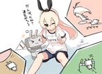  &gt;_&lt; :3 alternate_costume black_eyes blonde_hair blush blush_stickers chibi closed_eyes crossed_bandaids flag gym_shorts gym_uniform hair_between_eyes hair_ribbon hairband highres kantai_collection long_hair name_tag numbered_flag one_eye_closed pokasu rensouhou-chan ribbon running shimakaze_(kantai_collection) short_sleeves shorts signature smile translated twitter_username v 