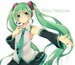  character_name detached_sleeves green_eyes green_hair hand_on_own_chest hatsune_miku headset long_hair minamiya_mia necktie outstretched_arm simple_background skirt smile solo twintails very_long_hair vocaloid white_background 