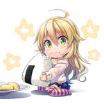  ahoge blonde_hair chibi eating green_eyes hoshii_miki idolmaster idolmaster_(classic) long_hair nanaran rice solo star striped striped_legwear sweater thighhighs white_background 