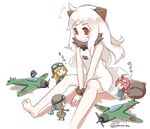  absurdres ahoge aircraft airplane between_legs bird dress fairy_(kantai_collection) flight_goggles hand_between_legs highres kantai_collection long_hair multiple_girls northern_ocean_hime pokasu red_eyes shinkaisei-kan sitting sleeveless sleeveless_dress smile type_0_fighter_model_52 type_0_fighter_model_62 type_0_observation_seaplane white_hair 