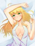  absurdres ahoge arm_up armpits blonde_hair blush breasts cleavage hadaka_megane half-closed_eyes highres hoshii_miki idolmaster idolmaster_(classic) large_breasts long_hair looking_at_viewer open_clothes open_shirt shirt sleeveless smile solo upper_body 