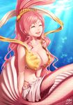  2013 ^_^ breasts bubble cleavage closed_eyes collarbone dated earrings hair_ornament hairclip happy highres jewelry large_breasts long_hair mermaid monster_girl navel one_piece open_mouth pink_hair scales shirahoshi signature smile solo striped_tail sunlight tail underwater very_long_hair wavy_hair zerg309 