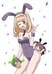  andou_kuriyo blank_eyes blonde_hair brown_hair bunnysuit confetti hair_ribbon itaba_yumi long_hair md5_mismatch multiple_girls one_eye_closed ribbon senki_zesshou_symphogear short_hair solid_oval_eyes solo_focus terashima_shiori tokka twintails yellow_eyes 