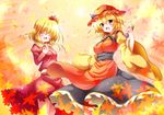  aki_minoriko aki_shizuha apron autumn_leaves blonde_hair closed_eyes food fruit grapes hair_ornament hat juliet_sleeves long_sleeves mob_cap multiple_girls open_mouth osashin_(osada) puffy_sleeves red_eyes shirt siblings sisters skirt skirt_set smile sweet_potato touhou wide_sleeves 