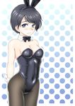  animal_ears black_eyes black_hair bow bowtie bunny_ears bunnysuit detached_collar ekibyou kantai_collection mogami_(kantai_collection) pantyhose short_hair wavy_mouth wrist_cuffs 