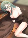  bad_id bad_pixiv_id bare_shoulders bespectacled black-framed_eyewear blush breasts cleavage clothes_pull collarbone dated glasses green_hair hair_ornament hairclip head_tilt kantai_collection kotatsu large_breasts long_hair looking_at_viewer nekobaka ribbed_sweater semi-rimless_eyewear sitting smile solo suzuya_(kantai_collection) sweater sweater_pull table twitter_username under-rim_eyewear yellow_eyes yokozuwari 