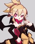 arm_warmers blonde_hair bow bright_pupils disgaea dress earrings grey_background jewelry kazamine_(stecca) makai_senki_disgaea_2 open_mouth pointy_ears red_eyes ribbon ring rozalin short_hair solo strapless strapless_dress wings yellow_bow 
