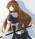  blush brown_eyes brown_hair closed_mouth cowboy_shot from_behind grey_background highres long_hair looking_at_viewer looking_back maid original plan_(planhaplalan) smile solo very_long_hair 