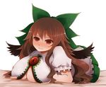  arano_oki black_wings blush breast_rest breasts brown_hair cleavage large_breasts long_hair lying on_stomach red_eyes reiuji_utsuho solo sweatdrop touhou very_long_hair wings 