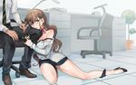  1girl bad_id bad_pixiv_id bare_shoulders black_bra black_panties bra brown_hair chair desk green_eyes high_heels miniskirt no_socks ocha_(oteaaa) office_chair original out_of_frame panties panties_around_one_leg parted_lips shirt_slip skirt strap_slip toe_cleavage underwear 