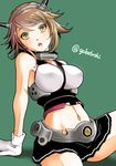  arm_support bare_shoulders blush breasts brown_hair gloves green_background green_eyes kantai_collection large_breasts looking_at_viewer midriff mutsu_(kantai_collection) navel open_mouth sitting skirt sogabe_toshinori solo twitter_username white_gloves 