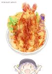  =d bowl food hair_ribbon hat hinata_yuu kantai_collection ooshio_(kantai_collection) open_mouth purple_hair ribbon shrimp shrimp_tempura simple_background sketch smile solo tempura white_background |_| 