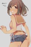  :d adjusting_clothes adjusting_swimsuit ass back bad_id bad_pixiv_id blush breasts brown_eyes brown_hair highres i-401_(kantai_collection) kantai_collection looking_at_viewer looking_back medium_breasts one-piece_swimsuit open_mouth ponytail school_swimsuit short_ponytail sideboob smile solo suihei_sen swimsuit swimsuit_pull swimsuit_under_clothes tan twitter_username wet 