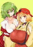  aki_minoriko alternate_breast_size aoi_manabu apron blonde_hair breasts chestnut_mouth cleavage collarbone food fruit grapes green_hair hat huge_breasts kazami_yuuka looking_at_viewer mob_cap multiple_girls off_shoulder open_mouth red_eyes shirt skirt smile sweat tongue tongue_out touhou vest 