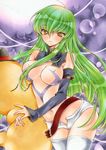  alternate_costume blush breasts c.c. cheese-kun cleavage code_geass cowboy_shot detached_collar detached_sleeves doll_hug geass green_hair highres izumo_neko large_breasts long_hair navel no_nipples nude revealing_clothes solo thighhighs traditional_media very_long_hair white_legwear yellow_eyes 