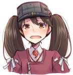  ayakura_juu blush brown_eyes brown_hair kantai_collection long_hair magatama open_mouth ryuujou_(kantai_collection) solo tears twintails upper_body visor_cap white_background 