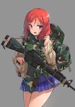  alternate_costume assault_rifle backpack bag blush camouflage cowboy_shot desert_pattern fangdan_runiu grey_background gun laser_sight love_live! love_live!_school_idol_project m16a2 m81_woodland_(camo) nishikino_maki purple_eyes red_hair rifle short_hair skirt solo sweat three-color_desert_(camo) tri-color_desert weapon woodland_pattern 