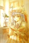  bad_id bad_pixiv_id bird book bow branch capelet chair crescent desk hair_bow hand_up hat holding holding_book keiko_(mitakarawa) long_hair long_sleeves mob_cap open_book patchouli_knowledge plant purple_hair ribbon sitting sketch solo squinting sunlight touhou window 