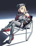  bismarck_(kantai_collection) blew_andwhite blonde_hair blue_eyes blush breasts chin_rest crossed_legs detached_sleeves grey_legwear hat highres kantai_collection large_breasts long_hair looking_at_viewer peaked_cap shadow sitting smile solo thighhighs 
