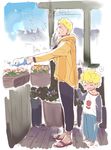  blonde_hair enda_chisya eyes_closed father_and_son gardening hood hoodie naruto pajamas plant plants shirt_tug spiked_hair uzumaki_boruto uzumaki_naruto watering_can whiskers yawn yawning 