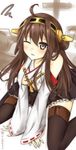  ahoge bad_id bad_pixiv_id black_skirt breasts brown_eyes brown_hair brown_legwear double_bun headgear highres kantai_collection kongou_(kantai_collection) long_hair looking_at_viewer medium_breasts miniskirt murasame_shia nontraditional_miko one_eye_closed open_mouth pleated_skirt ribbon-trimmed_sleeves ribbon_trim sitting sketch skirt solo squiggle thighhighs torn_clothes twitter_username underboob v_arms wariza wide_sleeves zettai_ryouiki 