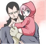  1girl beard black_hair blue_eyes chikaburo facial_hair father_and_daughter gloves goatee hood hoodie kyros long_hair long_sleeves one_piece pink_hair rebecca_(one_piece) thumb_sucking younger 