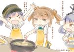  &gt;_&lt; 3girls :d :o :| apron artist_name bangs black_eyes brown_eyes brown_hair closed_eyes closed_mouth cooking cooking_oil dated double_bun food hat hinata_yuu kantai_collection kasumi_(kantai_collection) michishio_(kantai_collection) multiple_girls neck_ribbon ooshio_(kantai_collection) open_mouth outstretched_arms pot ribbon shirt short_sleeves shrimp shrimp_tempura sketch smile spread_arms tempura translated twintails v-shaped_eyebrows white_background white_shirt xd 