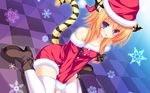  1girl animal_ears bare_shoulders blonde_hair boots catgirl christmas hat koshimizu_rei mikagami_mamizu myra neko_koi! open_mouth purple_eyes santa_costume santa_hat sitting solo tail thighhighs thighs tojji tongue 