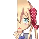  blonde_hair blue_eyes blush bow bowtie collared_shirt cosplay eyebrows_visible_through_hair gekkan_shoujo_nozaki-kun hair_ribbon hiding kantai_collection looking_at_viewer nagineko open_mouth ozawa_ari peeking_out polka_dot polka_dot_bow prinz_eugen_(kantai_collection) ribbon rouman_academy_uniform sakura_chiyo sakura_chiyo_(cosplay) school_uniform seiyuu_connection shirt solo transparent_background twintails wavy_mouth 